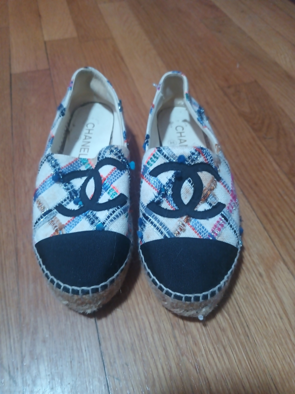 CHANEL Multicolor Tweed Espadrilles with Black Cap Toe